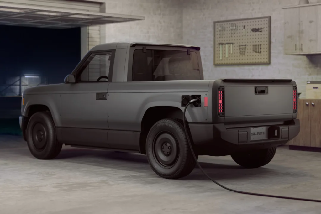 Slate Electric Truck full exterior view – affordable EV pickup with rugged design and unpainted plastic panels
