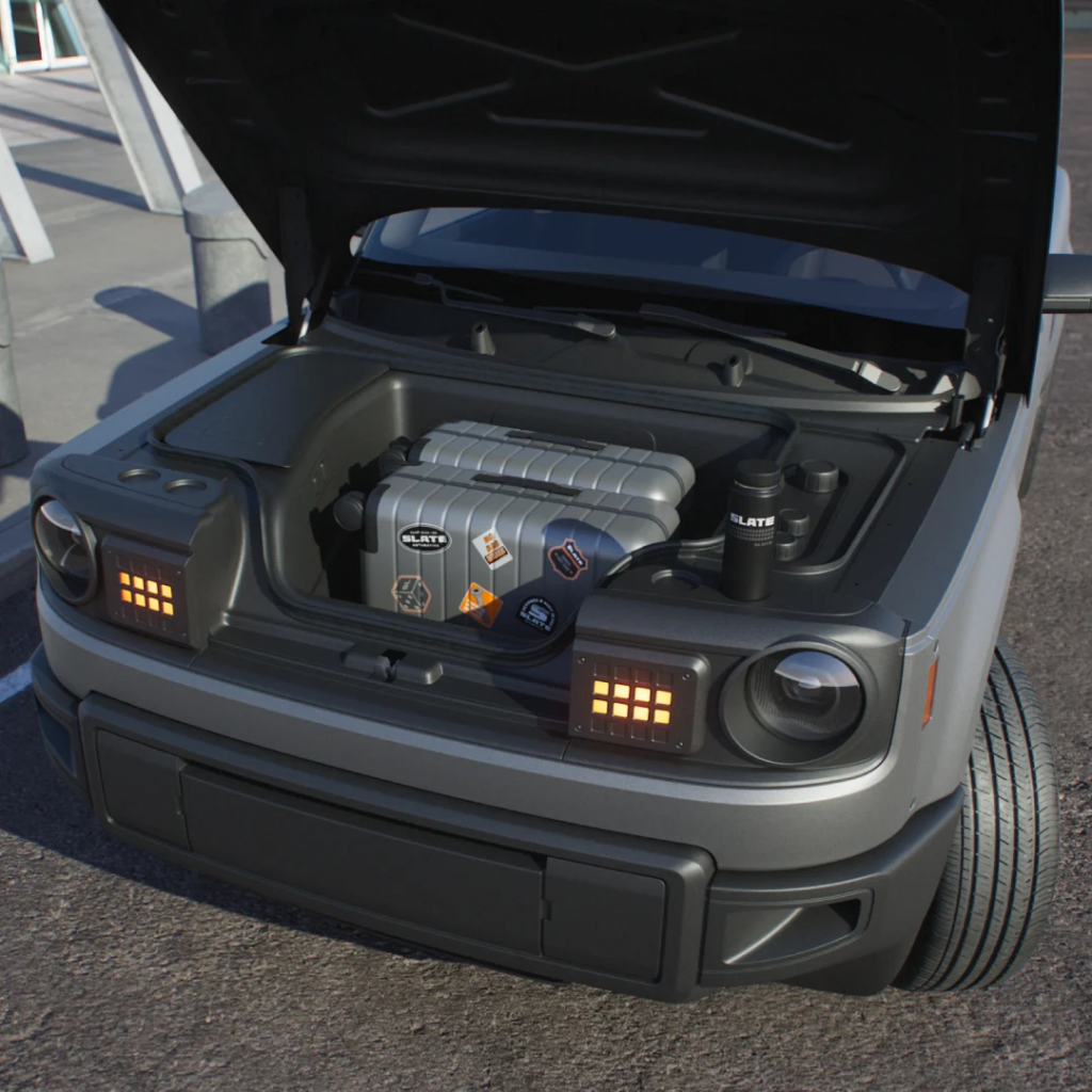 Slate Electric Truck front trunk (frunk) storage space – secure front cargo compartment in affordable EV pickup