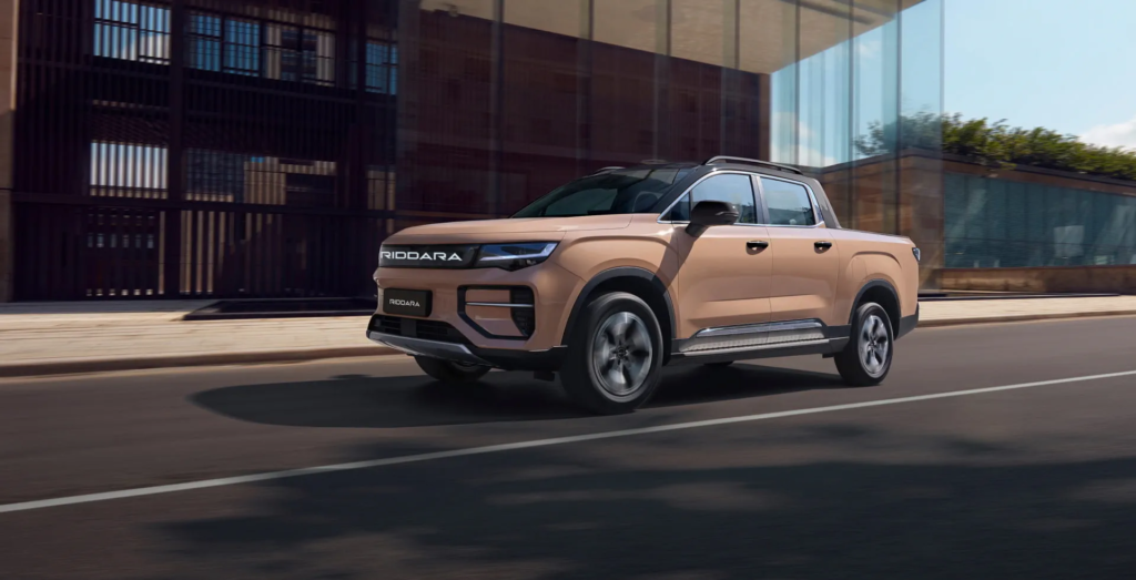 Front view of the Riddara RD6 electric pickup truck with LED headlights and aerodynamic design