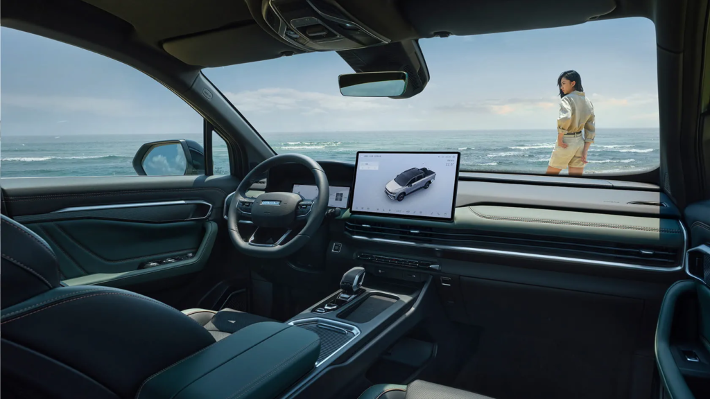 Luxurious interior of Riddara RD6 featuring a 14.6-inch infotainment screen and leather seats