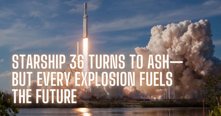 SpaceX Starship 36 engulfed in flames during static fire test at Starbase, Texas, with a massive explosion lighting up the night sky.
