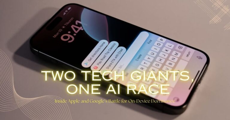 Side-by-side visuals of Apple Intelligence and Google Gemini interfaces with iPhone and Pixel devices, highlighting generative AI features in use.